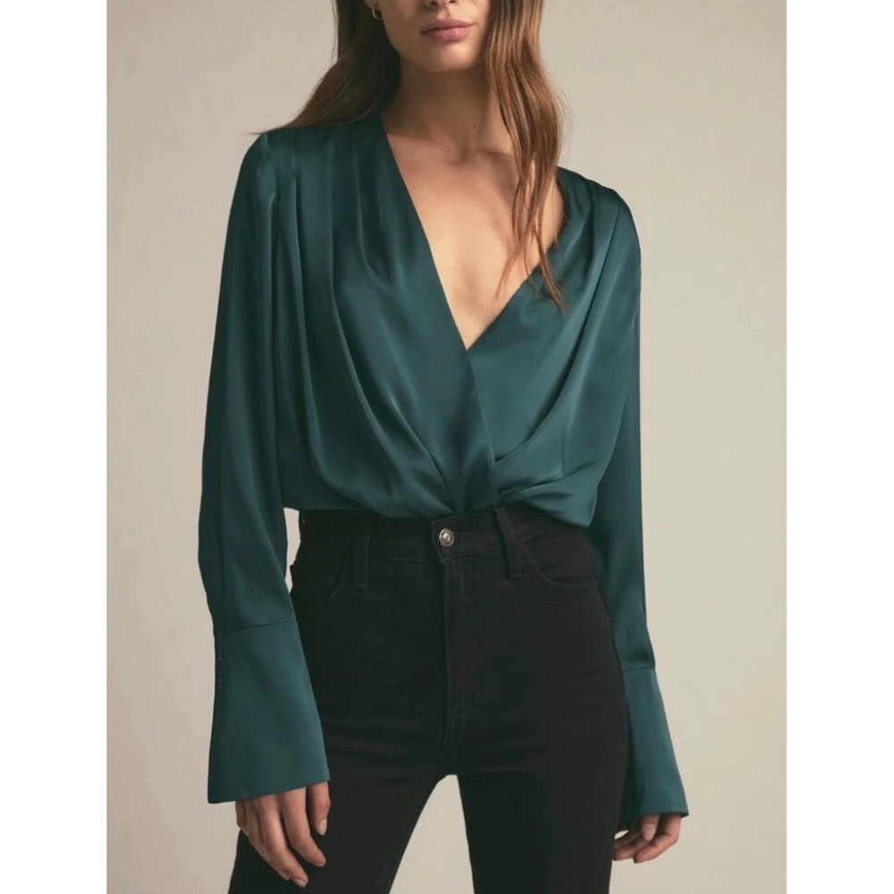 Favorite Daughter The Date Blouse Thong Bodysuit XL Juniper Emerald Green NWOT